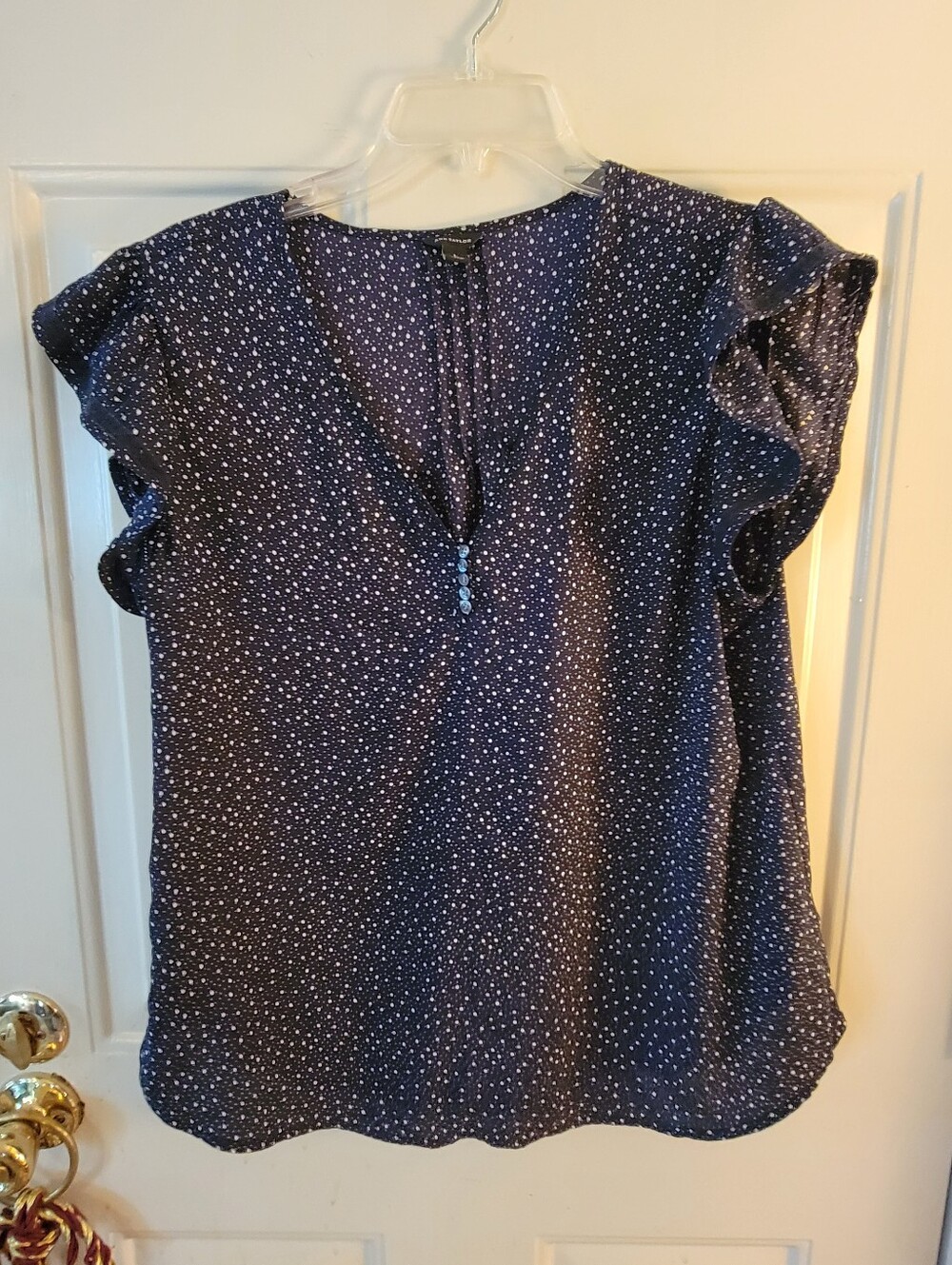 Ann Taylor Women's Navy Polka Dot Flutter Sleeve Blouse
